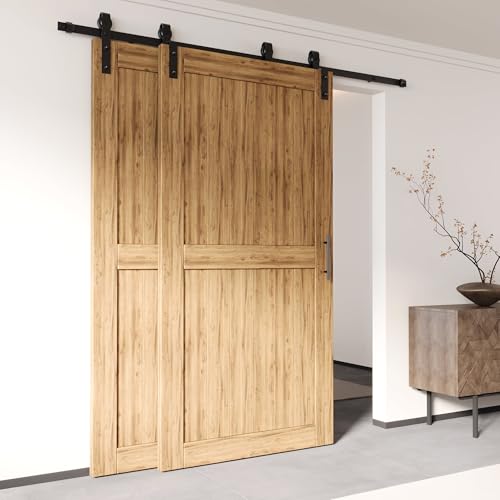Homacer Black Rustic Single Track Bypass Sliding Barn Door Hardware Kit, for Two/Double Doors, 15ft Long Flat Track, Classic Design Roller,