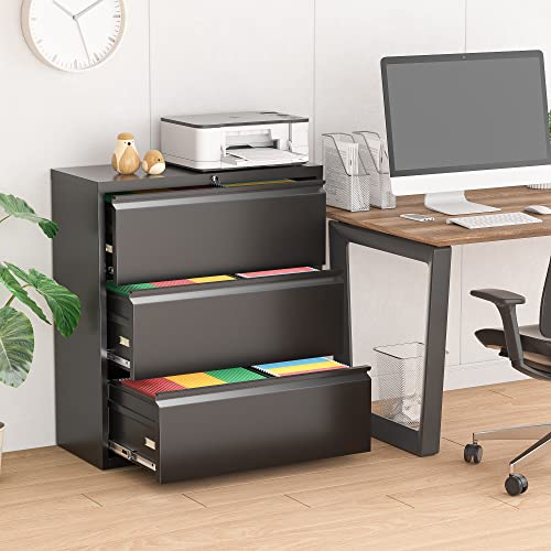Greenvelly 3 Drawer File Cabinet with Lock Metal Lateral Filing Storage Cabinet for Home Office, Black Steel Lateral File Drawers, Wide File Cabinet Office Furniture for A4 Legal/Letter Size