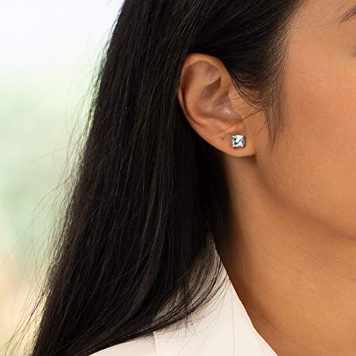 Peora Solid 14K White Gold Aquamarine Stud Earrings For Women, Genuine Gemstone Birthstone, Hypoallergenic 6Mm Cushion Cut, Aaa Grade, 1.50 Carats Total, Friction Back #TOP4