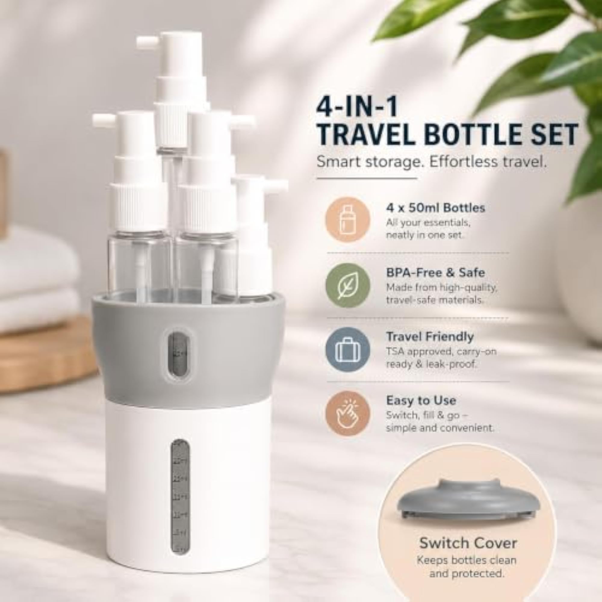 4-in-1 Refillable Travel Bottles Set, Leakproof Toiletry Dispenser