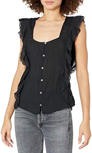 Jessica Simpson Women's Allan Sleeveless Ruffled Button Front Blouse, Black, Large