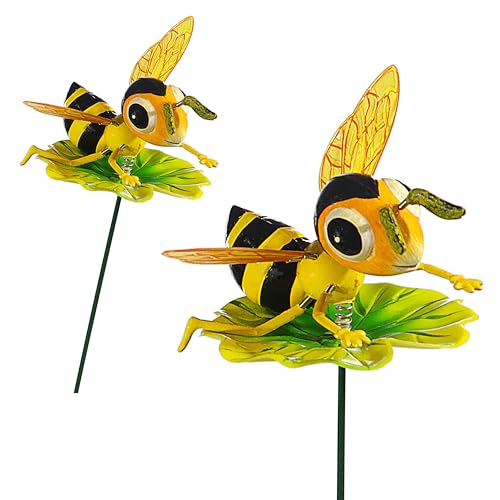 4er Set Blumenstecker Tiere auf Blatt | H60cm Eisen Polystyrol bunt | Biene Frosch Raupe Marienkäfer beweglich | Gartendeko (4)