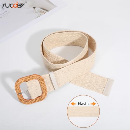 Image of SUOSDEY 2 Pack Straw Woven Elastic Belt Braided Stretch Wide Boho Rattan Waist Belt for Women Dresses, 07-black+beige, Fit Waist up to 35''