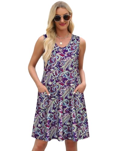 Image of Womens Summer Dresses Casual V Neck Sleeveless Pockets Beach Loose Sundress | 2026 Loose Tank Sun dres with pockets, Casual Beach Cover Up, Fashion Vacation Outfits, Tshirt Floral Boho A-Line Flow Dress