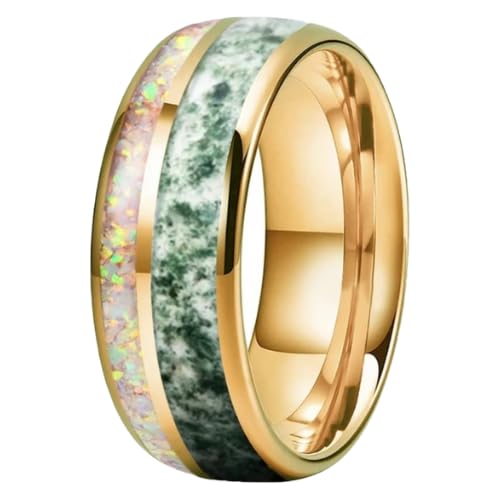 8MM Men Women Tungsten Carbide Ring Band Moss Agate And Crushed White Opal Comfortable fit Band