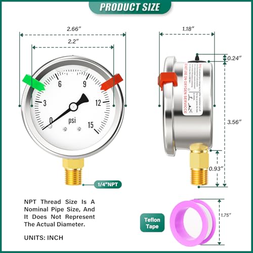 Image of 0-15PSI Stainless Steel Liquid Filled Pressure Gauge, 2.5 inch Single Scale Face Dial, 1 /4 inch NPT Lower Mount, for Tube, Water Pump, Gas, Liquid, Pressure Test (with Range Mark Pointer)
