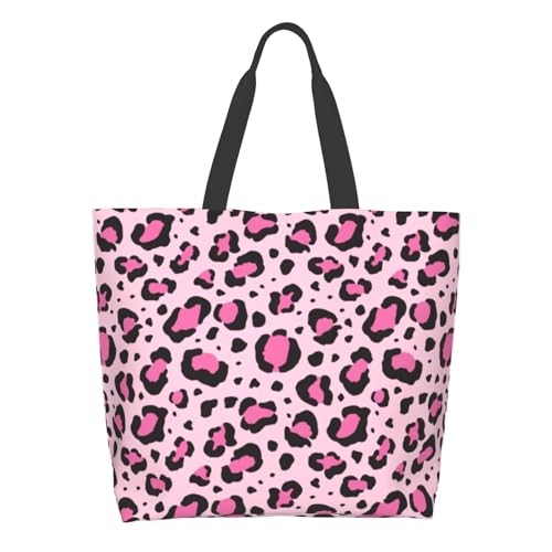 Cafl Pink Black Leopard Tote Bag Cute Leopard Skin Shoulder Bag Large Reusable Eco-friendly Beach Bags Portable Storage Handbag Convenient for Women Gym Travel Shopping