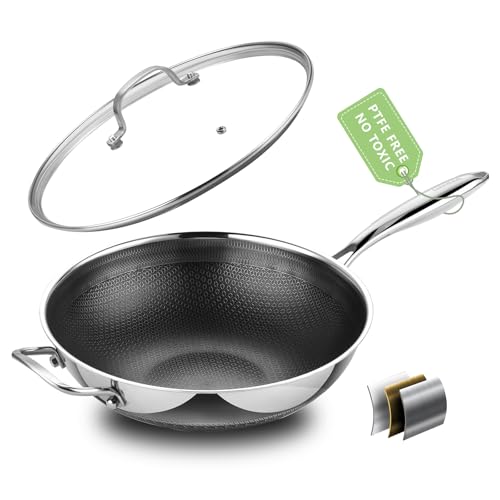 SAKAMOSH Hybrid Wok Pan Lid, 12”/5QT Stainless Steel Deep