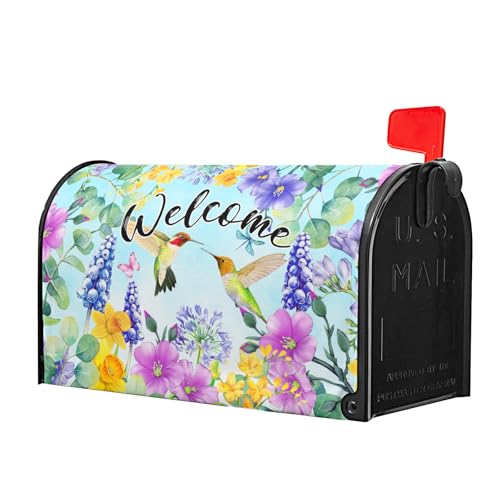 Image of Spring Summer Flowers Mailbox Covers Magnetic Large Size 25x21 Inch Cherry Blossom Mailbox Cover Spring Hummingbird Mailbox Wraps Post Letter Box Cover Decoration for Outdoor Garden Home Yard Outside