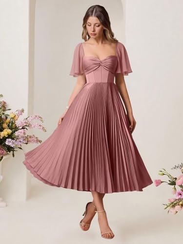 Satin Short Sleeves Bridesmaid Dress Tea Length Pleated Formal Midi Dress QA2694