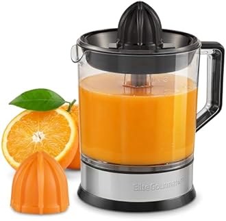 Elite Gourmet ETS740 BPA-Free 40-Watt Electric Citrus Juicer with 2 Cones, Compact, Large Volume, Pulp Control, Oranges, Lemons, Limes, Grapefruits with Easy Pour Spout, 1.2L, Black/Stainless Steel