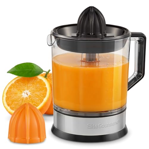 Elite Gourmet ETS740 BPA-Free 40-Watt Electric Citrus Juicer with 2 Cones, Compact, Large Volume, Pulp Control, Oranges, Lemons, Limes, Grapefruits with Easy Pour Spout, 1.2L, Black/Stainless Steel
