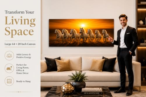 Image of 7 Horse Vastu Sunrise Canvas Painting | Positive Energy Wall Decor | Big Size Premium Running Horses Artwork for Home, Office & Hall Decoration (Modern, Sun White Horse, 44x20 Inch)