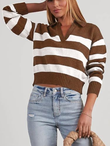 Mutitop Womens Striped Collared Sweater V Neck Long Sleeve Oversize Ribbed Knit Pullover Casual Fall Chunky Sweater3
