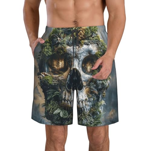 Men's Quick Dry Swim Shorts Skull Tree Forest Fantasy Style Beach Trunks with Pockets