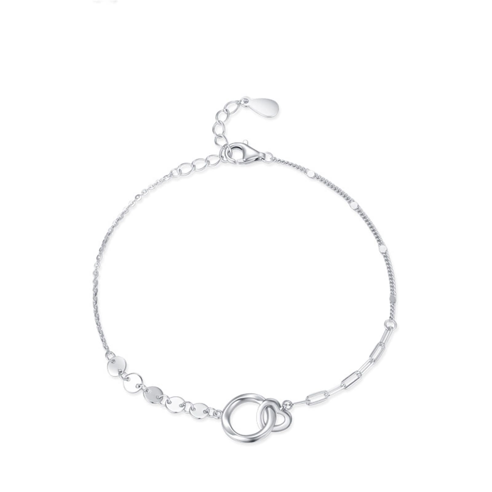 Pulseras Mujer de Oro Blanco 9Kilates / 14Kilates / 18Kilates, Corazón Hueco y Círculo Hueco con Diamante, Cadena Extensible 16 CM + 5 CM, Pulseras de Cadena Plata Mujer