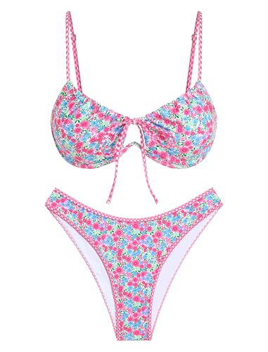 Image of ZAFUL Women High Cut Bikini Sets String Sexy Swimsuit Two Piece Underwire Bathing Suit Brazilian Cheeky Cut Out Cute Swimwear