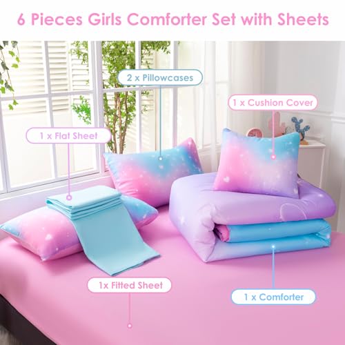 Image of 6 Pcs Glitter Bed in A Bag Full Size Rainbow Galaxy Bedding Comforter Set with Sheets Tie Dye Pink Teal Bubble Heart Print Kids Bed Set (Bubble Heart, Full)