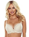 VIVISENCE Push-Up BH Damen Mit Bügel Gepolsterter Maximizer Für Brüste 1041, Beige Mit Spitze,65C