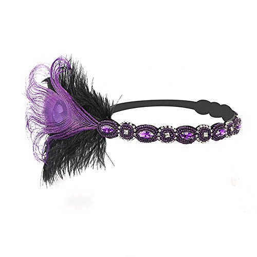 Vintage Blue Black Gold Beaded Pearl Peacock Feather 20s Headpiece 1920s Flapper Headband Roaring 20s Inspired Hairband (Purple)
