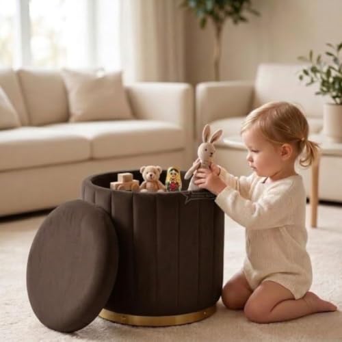 Image of Superior Round Storage Ottoman Stool with Gold Metal Base | Elegant Pouffe with Secret Storage | Cushioned Footrest for Living Room, Bedroom, and Lounge (Brown N, Small)