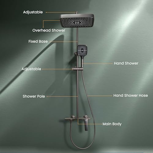 Image of Ruhe Rain Smart Shower Panel Set, Triple Flow Functions, Wall-Mount Matte Finish | Adjustable Height Shower Panel | Includes Overhead Shower, Triple Flow Hand Shower with Installation Accessories