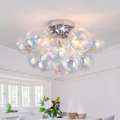 Plafonnier moderne 3 ampoules E14 chromé avec globes en verre soufflé