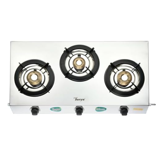 Golden Surya 3 Burner Gas Stove, Premium Stainless Rust Proof Frame, 3 Brass Burners, Manual Ignition, 18 Months Warranty, BIS Certified -(Trimax)