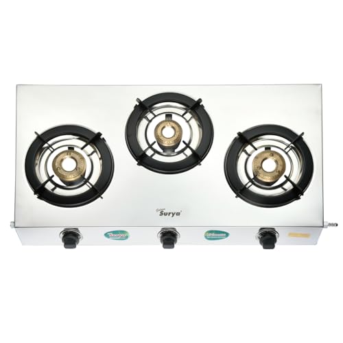 Image of GOLDEN SURYA 3 Brass Burner Premium Stainless Steel PNG Gas Stove | ISI Certified | Manual Ignition (TRIMAX PNG)