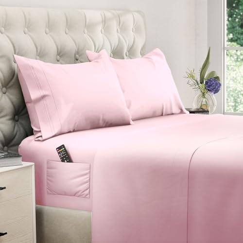 Image of DREAMCARE Queen Sheet Set - 4 pcs Breathable Cooling Sheets - up to 15 inch Deep Pocket Queen Sheets Set with Side Pockets - Extra Soft 100% Brushed Hypoallergenic Hotel Luxury Bedding - Pink