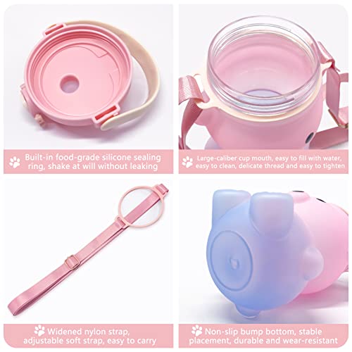 Upzai Cute Bear Water Bottle With Strap And Straw, 32Oz Kawaii Kids Water Bottles, Leak-Proof Plastic Drinking Cups For Girls Women School Sports Camping Picnic Hiking Travel (Pink-Blue) #TOP3