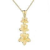 Elegant 14k Yellow Gold Hawaiian Plumeria Flowers Charm Pendant Necklace, 18'