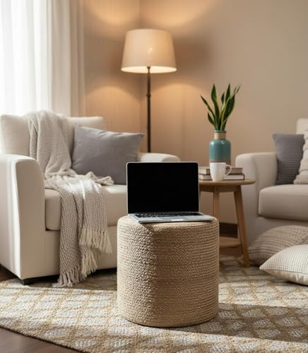 Image of Cotton Dori Ottoman Pouf for Seating|Cotton Dori Pouffe for Footrest Filled with Bean Balls|Ottoman Pouf Stools for Living Roombedroom, 30D x 30W x 30H Centimeters Beige
