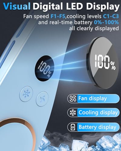 Image of Neck Fan with Cooling Plate-24H Quiet Powerful Fans that Blow 5 Speed&Power LED Display-USB 5500mAh Bladeless Wearable Personal AC Cooler for Light Blue