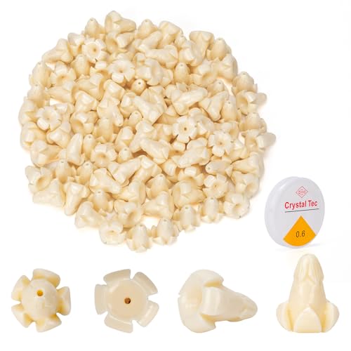 100 Pcs Puakenikeni Flower Beads Hawaiian Crown Flower Bead Bulk with Pre-drilled Holes Pakalana Flower Beads Shell Powder for Jewelry Making Bracelet Necklace DIY Craft Supplies (Ivory White)