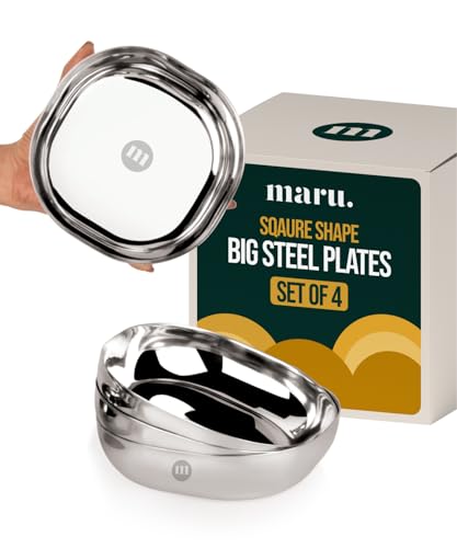 Image of MARU Steel Small Square Snacks /Serving Plates Set of 4 (16 cm Each), Multi-Utility Quarter /Diet Plates for Small Meals with Mirror Finish Design, Perfect for Breakfast, Nashta, Dessert & Daily Use