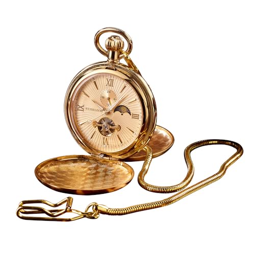 Wesseldon Reloj de bolsillo automático Esprit du Temps, metal dorado, tapa de salto, cristal mineral, indicador de 24 horas, día/noche, índices horarios, manecillas fluorescentes