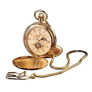 Automatik-Taschenuhr Esprit du Temps – Goldfarbenes Metall, Sprungdeckel, Mineralglas, 24 Stunden/Tag-Nacht-Anzeige, Stundenindizes, Fluoreszierende Zeiger