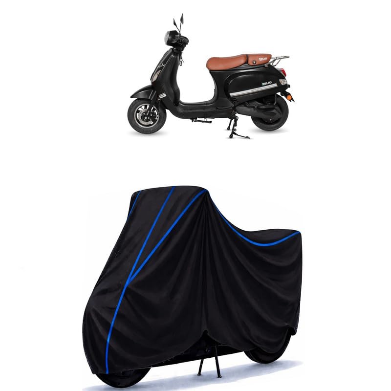 Image of Scooty Cover Water Resistant for Zelio Gracy-i Black | Universal Scooter & Bike Cover | Heavy Duty UV Dust, Rain & Scratch Protection | Elastic Fit All Weather Indoor Outdoor | Black with Blue Piping