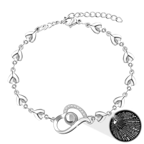 Image of Uloveido Cute Stainless Steel Heart Link Chain Bracelet | 100 Different Languages I Love You Projection Bracelets for Women Girls