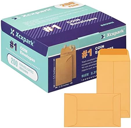 Xxcxpark 200PCS #1 Coin Envelopes 2.25x3.5 inches Brown Kraft Envelopes Classic Small Parts Gummed Flap for Coins, Cash, Credit Cards, Seeds