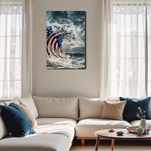 Image of Framed American Flag Ocean Wave Wall Art, Patriotic Abstract Canvas Art Pictures, USA Flag Wall Decor, Made in USA Ready to Hang for Living Room Bar