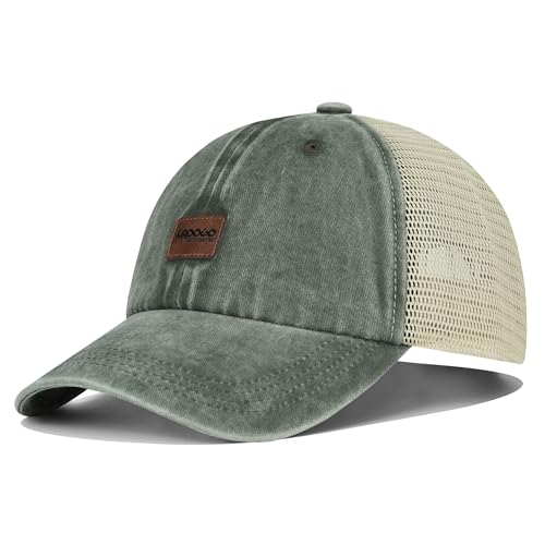 Image of Croogo Leather Patch Mesh Back Cap Washed Cotton Dad Hat | Breathable Material /Adjustable Design /Unstructured Hats /Vintage Wash /Exclusive Products