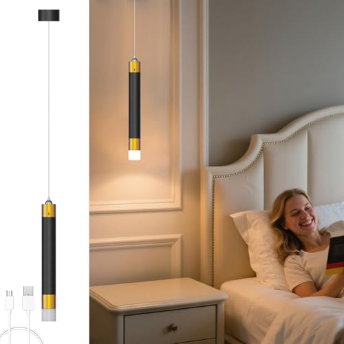 ACMHNC LED Lámpara Colgante Sin Cables con Batería Recargable | Negro Oro | Regulable Táctil (3000/4000/6000k) | 12h Autonomía | Altura Ajustable (180cm) | Para Isla Cocina, Dormitorio, 34cm