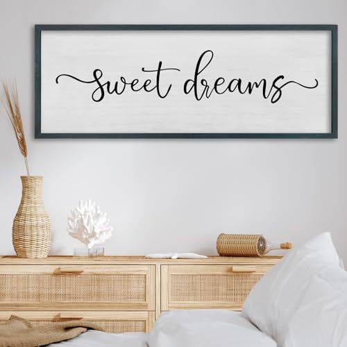 FZMHASLWW Sweet Dreams Wall Decor Above Bed Sign 40 x 15 Wood Framed Rustic Master Bedroom Over Bed Farmhouse Guest Room Signs Wall Art Decoration (Black)