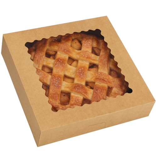 Moretoes 5pcs Pie Boxes, 10x10x2.5 Bakery Boxes with Window, Auto-Popup Brown Bakery Boxes for Pies, for Dessert, Donuts, Muffins