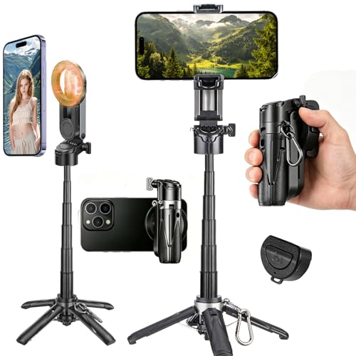 4-in-1 Magnetic Selfie Stick for iPhone/Android - Multifunctional 360 Rotation Extendable Tripod with Detachable Remote Universal Phone Mount & Metal Ring (Magnetic or Clip Combo)