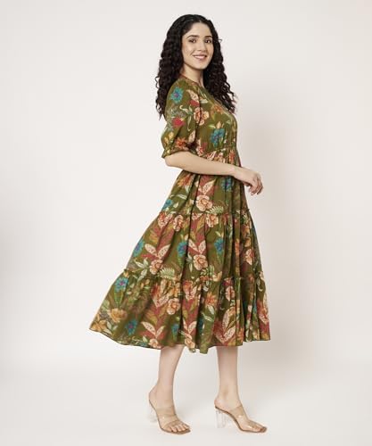 Image of PIDAVLIYA'S Women's Cotton Floral Printed Midi Dress | V-Neck Fit & Flare Dress with Puff Sleeves | Casual Summer Wear
