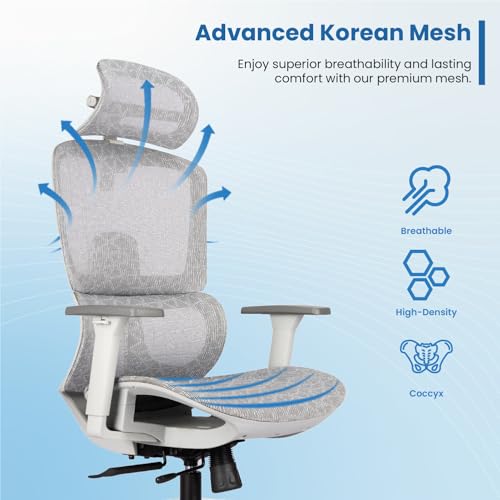 Image of Vergo Breathe Korean Mesh Office Chair High Back, Lumbar Support, Adjustable Armrest, Seat Slider, Tilt Lock Mechanism, Aluminum Base, Ergonomic Work from Home, Desk Chair, 3 Years Warranty (Grey)