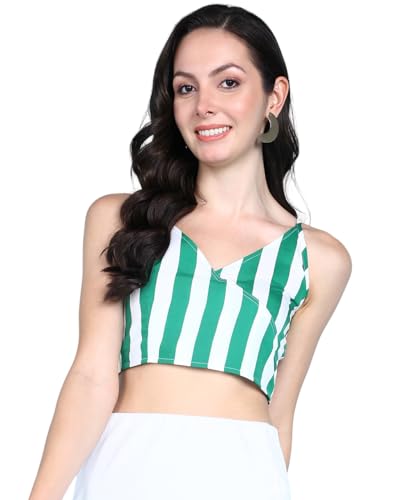 Image of POPWINGS Women Casual Blue & White Stripe Print Strap Crop Top | Women Sleeveless Top | Women Trendy Top